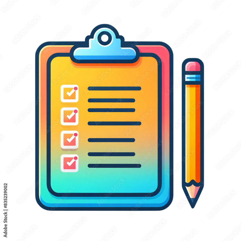Poster a colorful gradient clipboard with a checklist and a pencil on a transparent background