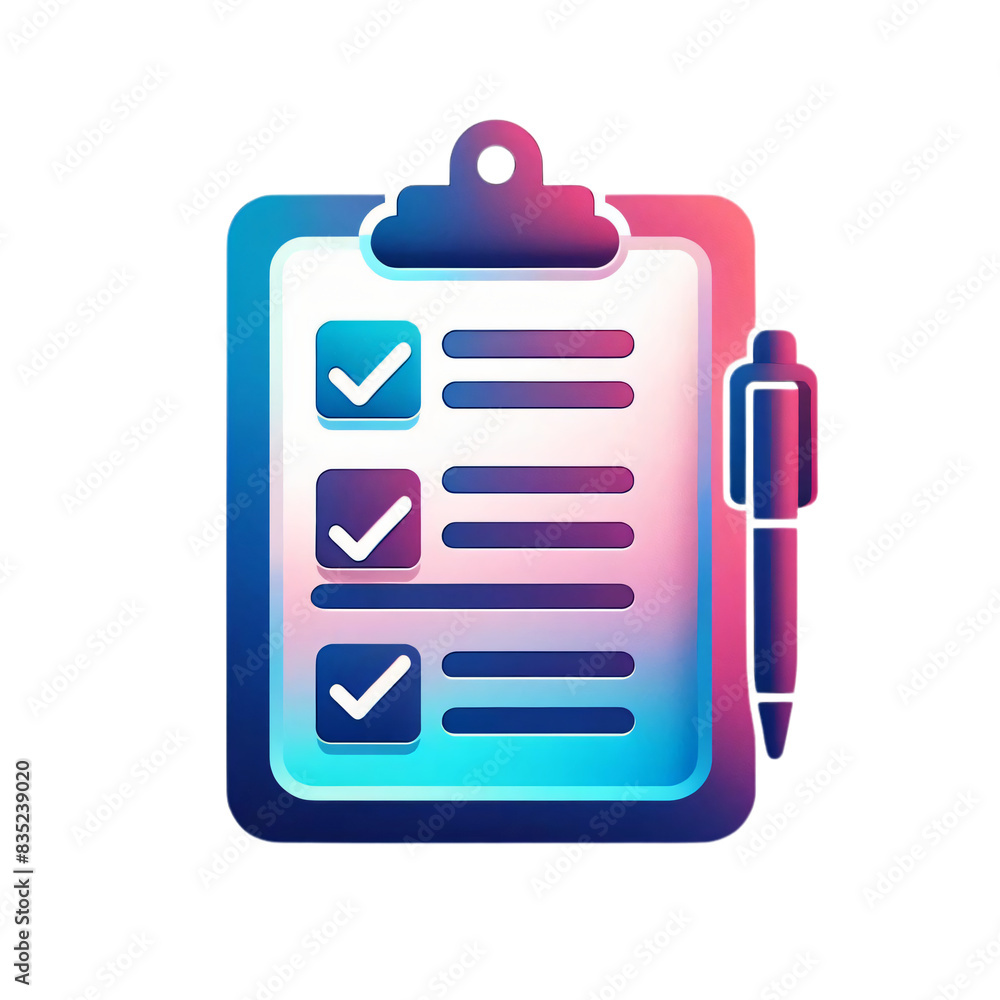 Poster a clipboard with checkmarks and a pen in a gradient style on a transparent background