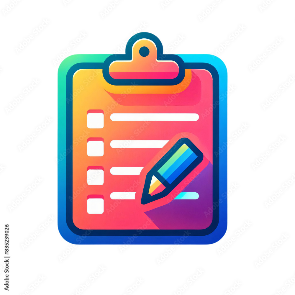 Poster a colorful gradient icon of a clipboard with a checklist and a pencil on a transparent background