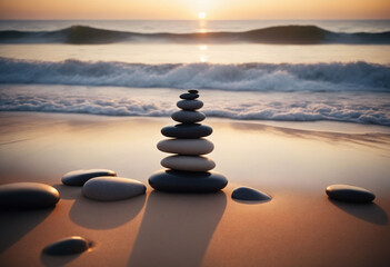 The atmosphere of meditation and tranquility is conveyed by the waves on the sand and zen stones. Rest and relaxation concept