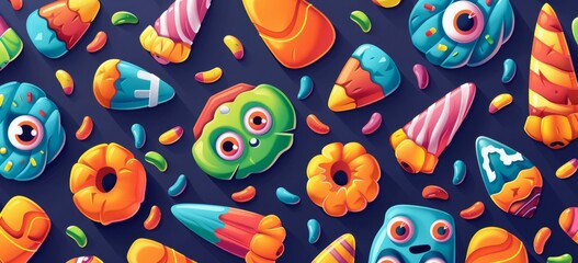 Naklejka premium Halloween candy, eyes and mouth on the cover, simple flat cartoon style, colorful candy pattern 