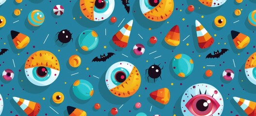 Naklejka premium Halloween candy, eyes and mouth on the cover, simple flat cartoon style, colorful candy pattern 