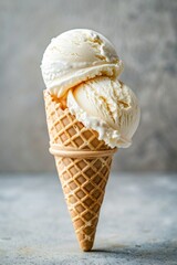 A vanilla ice cream cone with two scoops of ice cream on a  pastel background. Vanilla ice cream in a wafer cup.