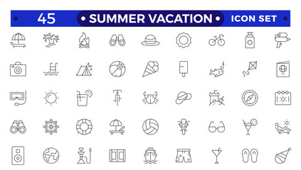 summer vacations icon set. Vector thin line illustrations with objects, activities and places related with traveling, tourism, outdoors in the beach and mountain, camping, resorts and hotels.