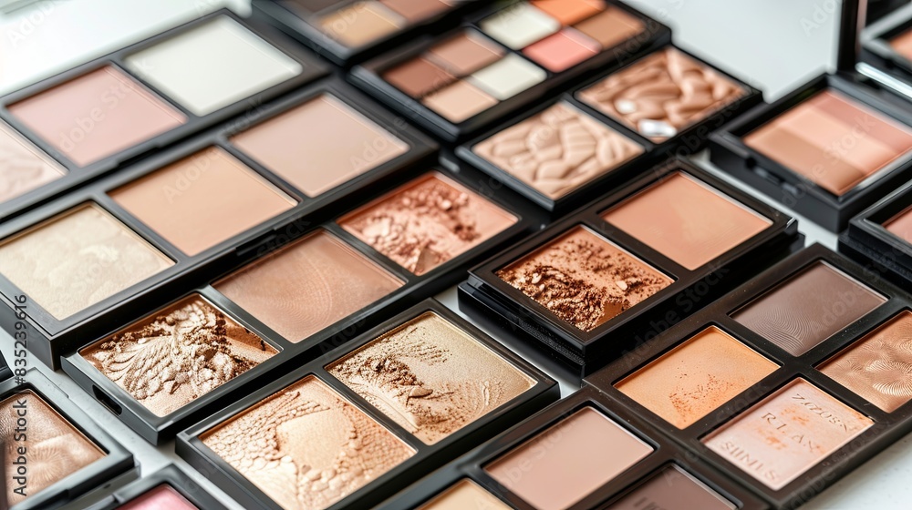 Aufkleber Close-up of several contouring palettes and highlighters arranged on a light surface. Generative AI