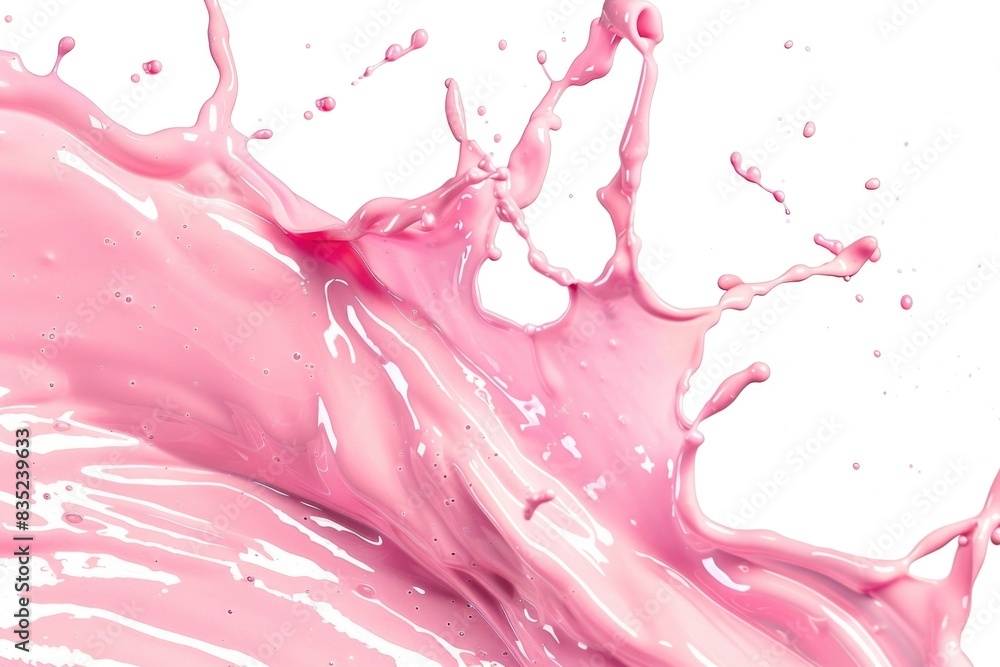 Poster a close-up shot of pink liquid splashing and spreading on a white surface