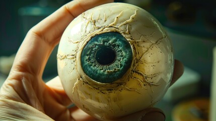 A person holds a fake eyeball in a close-up shot