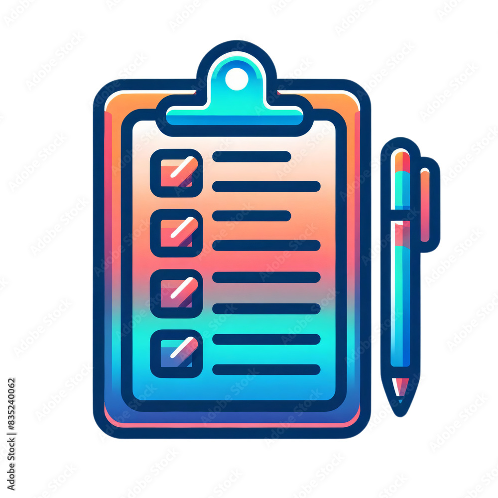 Poster an illustration of a clipboard with a checklist and a pen, in a colorful gradient style on a transpa