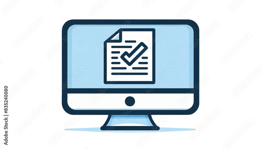 Aufkleber an illustration of a computer monitor displaying a document with a checkmark icon on a transparent b