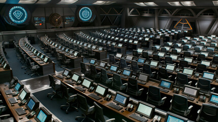 a high-tech cybersecurity operations center, buzzing with intense activity and a sense of urgency. The scene showcases a room filled with rows of computer monitors, displaying intricate network 