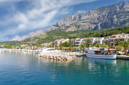 Waterfront in Seaside Resort of Tucepi with Biokovo Mountains in Background,adriatic Sea,Makarska Riviera,Dalmatia region,Croatia