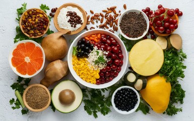 Paleo diet food on light gray background.