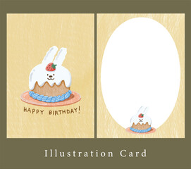 a bunny cake with cream and red strawberry on top with blue cream on plate and on yellow background. illustration birthday card decoration. greeting card for blessing.