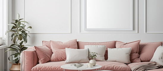 A serene living room with a muted dusty rose sofa and a pristine white frame on the wall, offering tranquility.