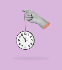 Man holding clock in hand on color background. Creative art design