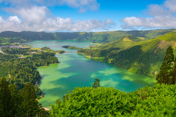 Miradouro da Vista do Rei. View of Lagoa Verde and Lagoa Azul on Sao Miguel island, Azores,...