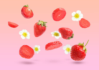 Ripe strawberries and flowers in air on pink gradient background