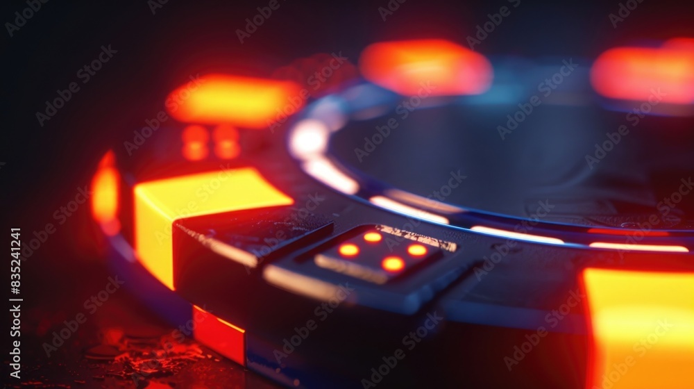 Poster A detailed view of a game controller on a table, useful for promoting gaming products or highlighting console accessories