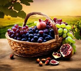 basket of grapes, A beautiful basket inside
Grapes, dates, olives, beautiful pomegranates, figs, wheat and barley