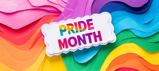 Pride month banner with silhouettes of diverse people LGBTQ+ pride month with celebratory symbols and part, rainbow colors and the text "HAPPY PRIDE MONTH", on a plain colored background Generative AI