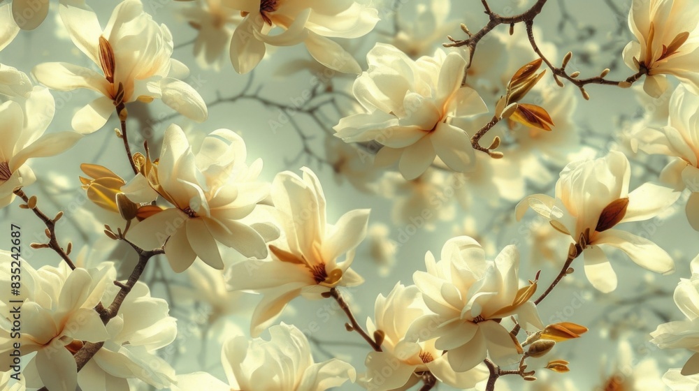 Poster a cluster of white flowers growing on a tree branch in a natural setting