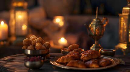 Fototapeta premium Enchanting Ramadan Night with Illuminated Lanterns and Hanging Stars