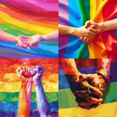 Pride month banner with silhouettes of diverse people LGBTQ+ pride month with celebratory symbols and part, rainbow colors and the text "HAPPY PRIDE MONTH", on a plain colored background Generative AI