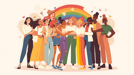 Pride month banner with silhouettes of diverse people LGBTQ+ pride month with celebratory symbols and part, rainbow colors and the text "HAPPY PRIDE MONTH", on a plain colored background Generative AI