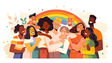 Pride month banner with silhouettes of diverse people LGBTQ+ pride month with celebratory symbols and part, rainbow colors and the text "HAPPY PRIDE MONTH", on a plain colored background Generative AI