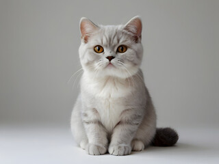A close-up portrait of a cute white cat with bright eyes on a white background