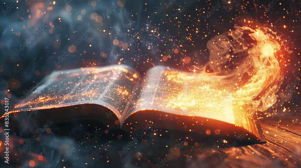 Poster an open book with glowing pages and mystical energy, on a wooden surface, concept of magical knowled