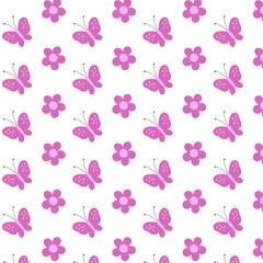Floral regular seamless pattern. Violet lavender flower and butterfly repeat on white background. Cute childish nature design in cartoon flat style for cover, print. Vector illustration.