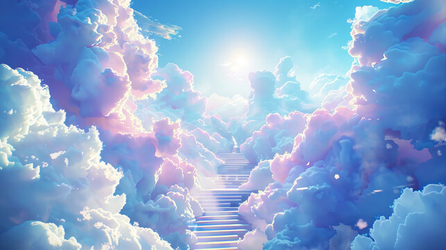 Stairway ascending through vibrant, cloud-filled sky, digital art on a serene background, concept of journey or ascension. Generative AI - Powered by Adobe