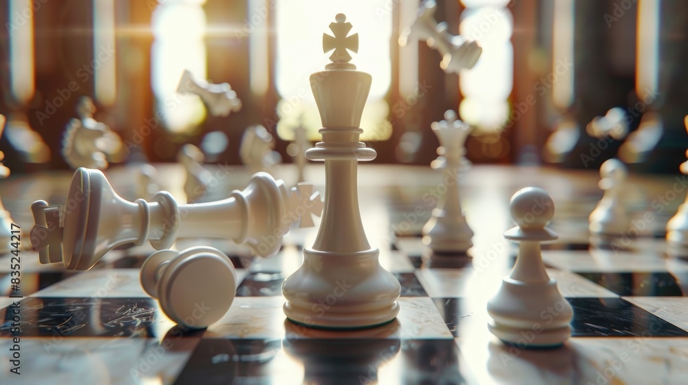 Poster A detailed view of a chess board with multiple pieces in various positions, perfect for highlighting strategy and competition