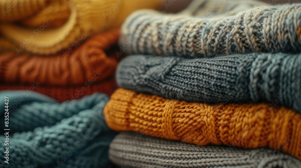 Poster a collection of sweaters piled up high, ideal for displaying or organizing your wardrobe