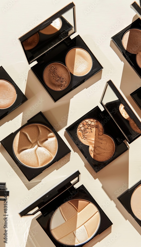 Poster a flat lay of various contouring and highlighting makeup palettes on a light background. generative 