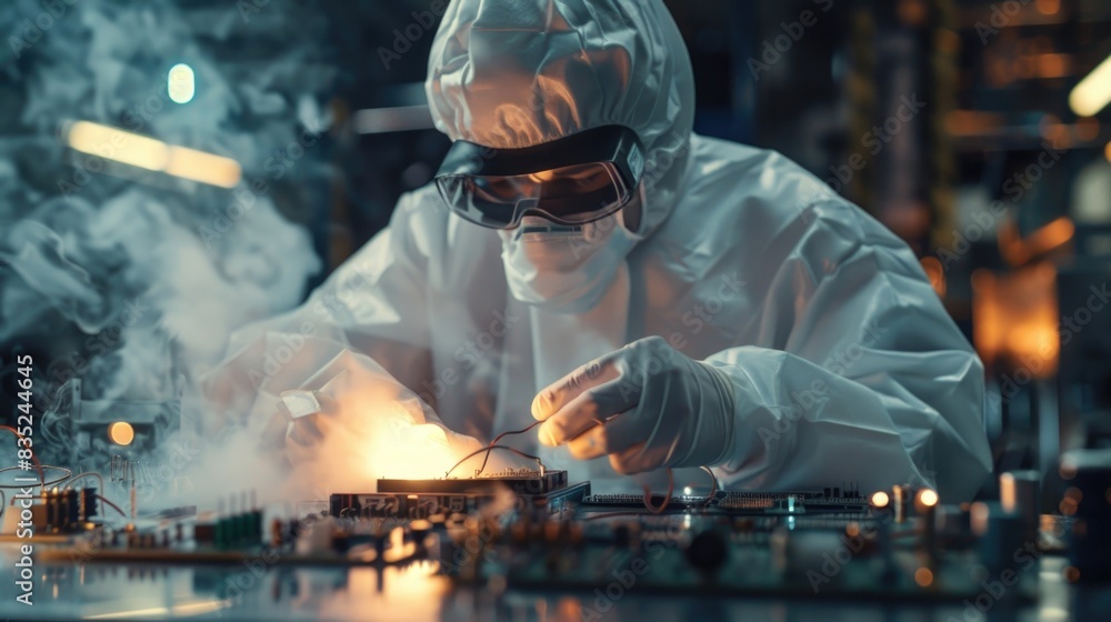 Poster A technician in a lab setting assembles electronic components, offering an image for documentation or instructional purposes