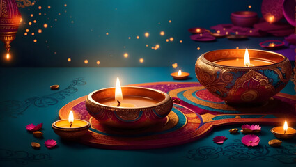 A mesmerizing diwali background design with diya lamp and colorful patterns