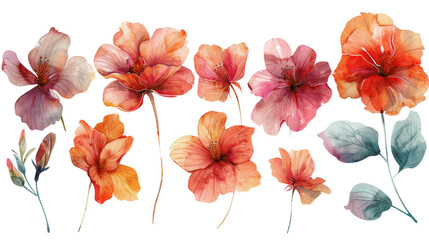Watercolor illustration of vibrant pink and orange flowers, capturing the essence of nature's beauty and floral elegance in detailed artistry.