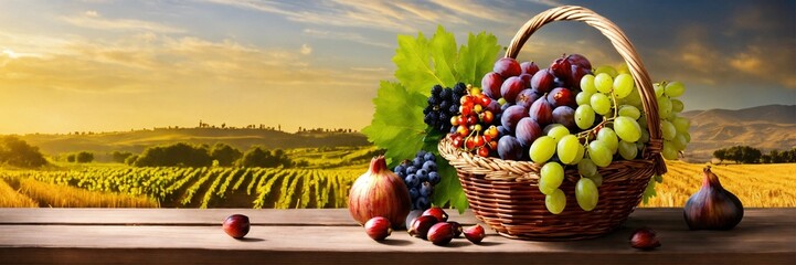 landscape in the mountains, A beautiful basket inside
Grapes, dates, olives, beautiful pomegranates, figs, wheat and barley