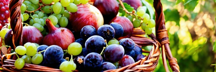 close up of colorful flowers and fruits, A beautiful basket inside Grapes, dates, olives, beautiful pomegranates, figs, wheat and barley