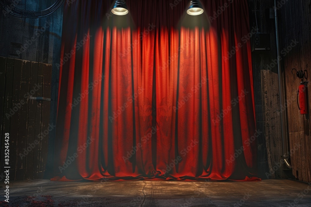 Poster a stage setting with red curtains and two spotlights, suitable for performances or events