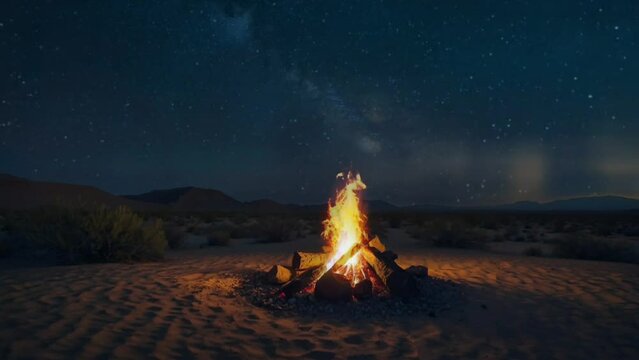 A bright bonfire in a tranquil desert with a clear dark sky filled with stars. seamless looping overlay 4k virtual video animation background