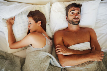 Frustrated couple, bed and fight above with breakup for erectile dysfunction, argument or...