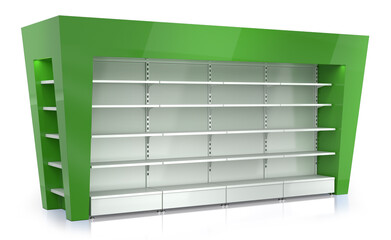Retail display rack mockup with green topper and stoppers. 3d illustration on white background © Wire_man