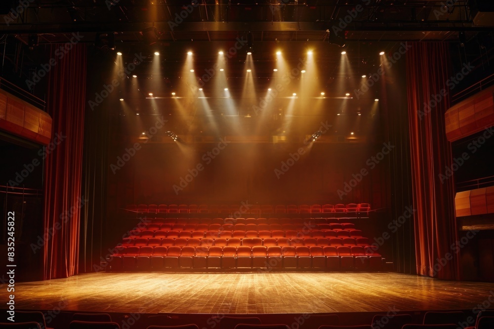 Poster A darkened stage with multiple red chairs and stage lights, suitable for event or performance photography