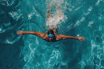 A person swimming in an indoor pool with arms extended, suitable for use as a stock photo for leisure or fitness themes