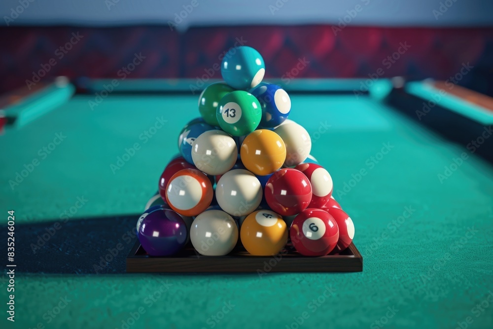 Poster a pool table with a pile of billiard balls, ready for play
