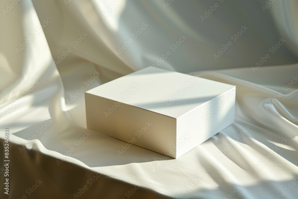 Poster a simple setup with a white box placed on a white cloth, ideal for showcasing products or providing 