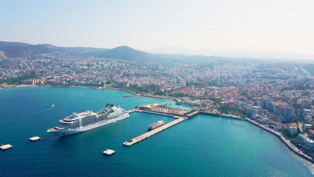 Cruise liner moored in touristic town Kusadasi in Turkey, Cruise vacation. Aerial view